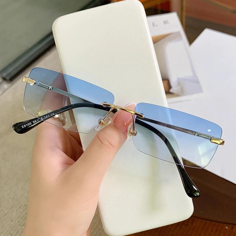 Rimless Rectangle Vintage Metal Leopard Head Sunglasses