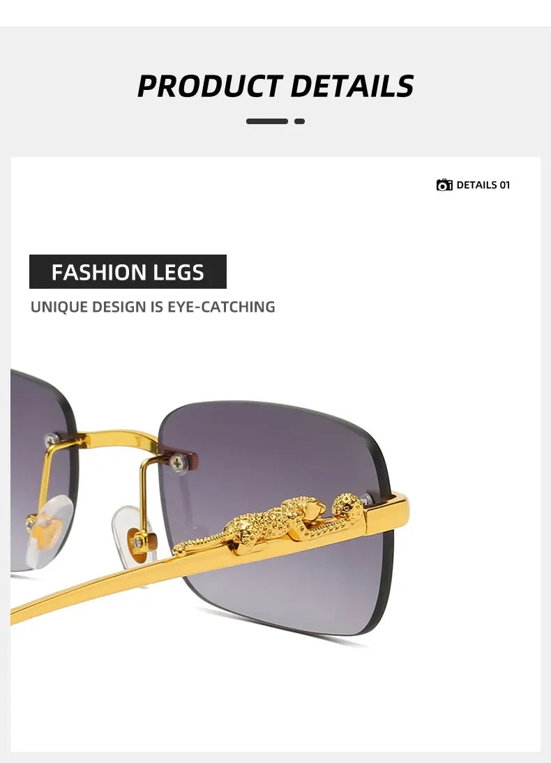 Rimless Rectangle Vintage Metal Leopard Head Sunglasses