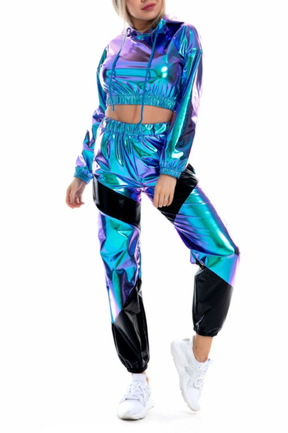 Shiny Crop Top Hoodie Metallic Casual trousers
