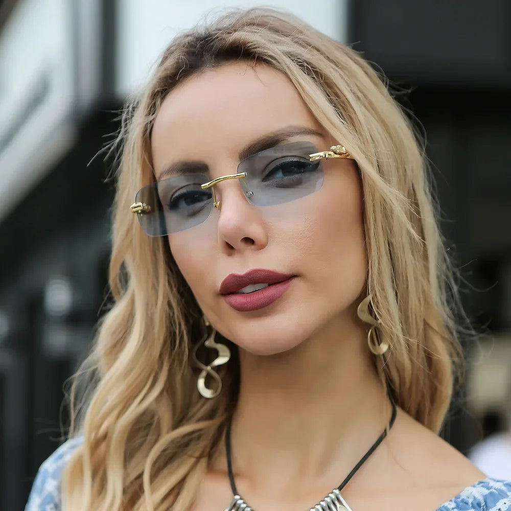 Rimless Rectangle Vintage Metal Leopard Head Sunglasses