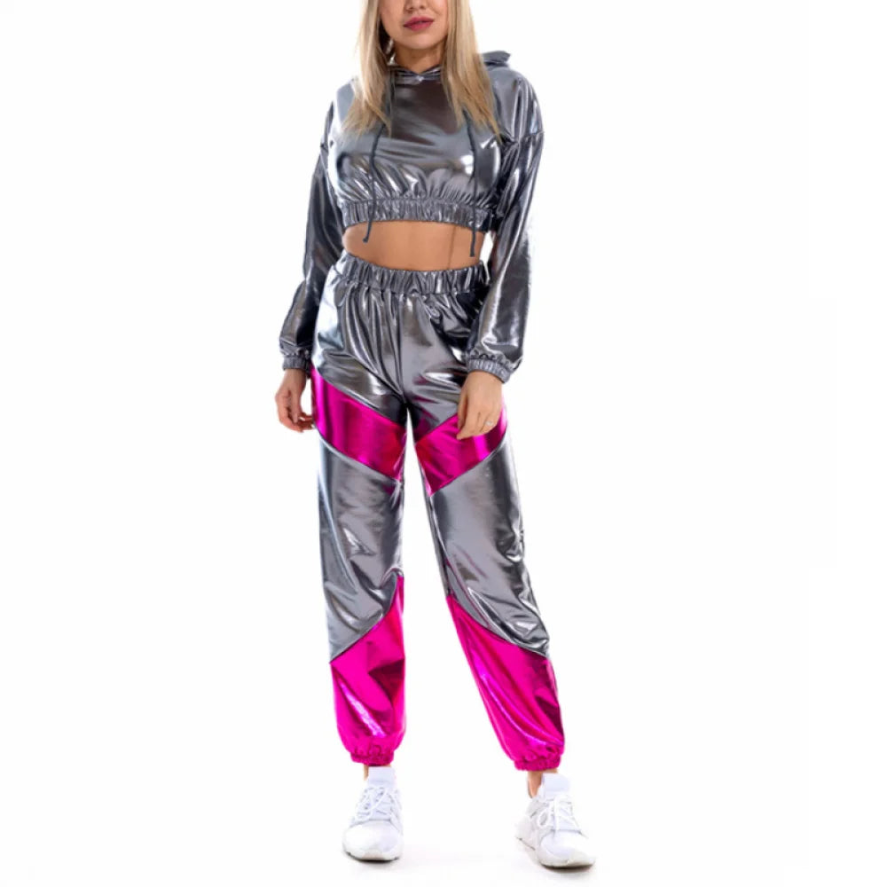 Shiny Crop Top Hoodie Metallic Casual trousers