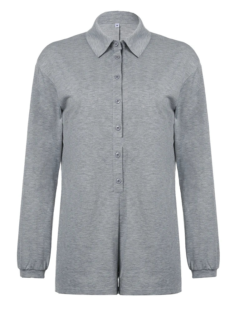 Grey Loose Rompers Fashion Button Up Full Sleeve suit