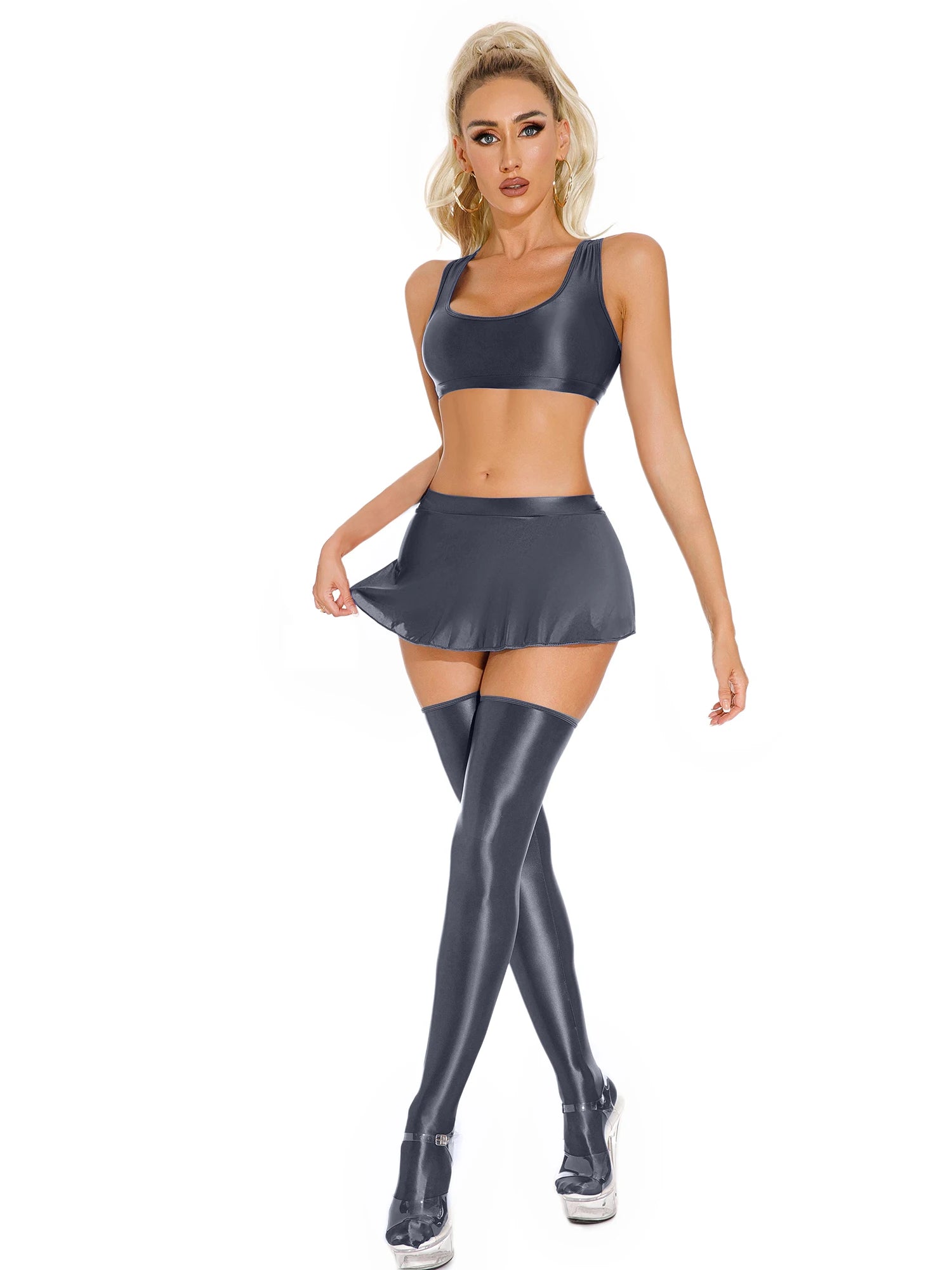 Glossy Rave Party Outfit Mini Skirt  & Crop Top