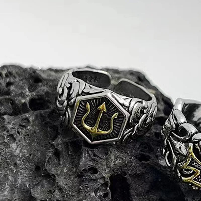 Retro Poseidon Golden Trident Ring For Men