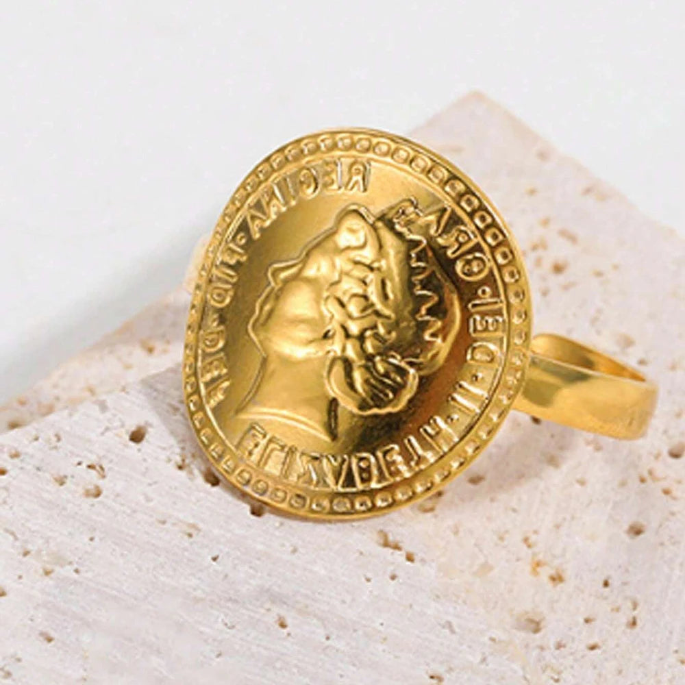 Vintage Ancient Greek Arethusa Goddess Coin Ring - gold plated