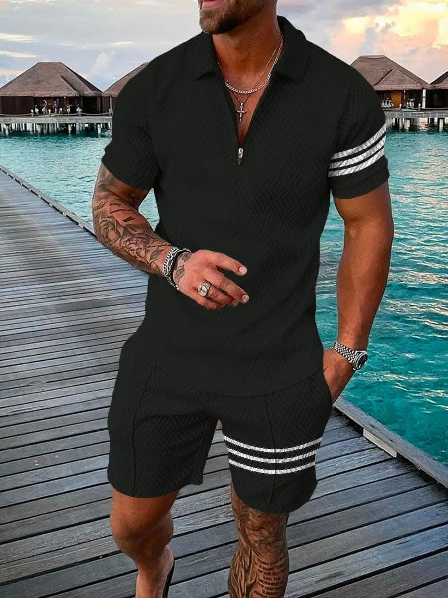 Trend Plaid Stripes Print Casual  Polo Shirt & Shorts