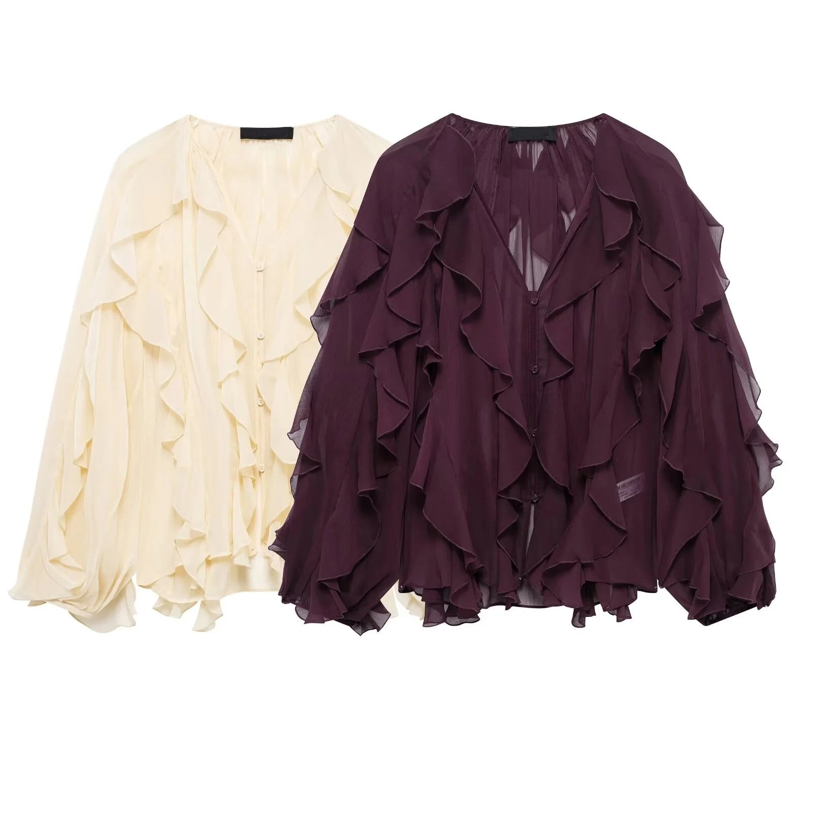 Tangada  Wine Red Ruffles Shirt Long Sleeve
