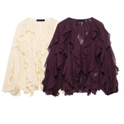 Tangada  Wine Red Ruffles Shirt Long Sleeve