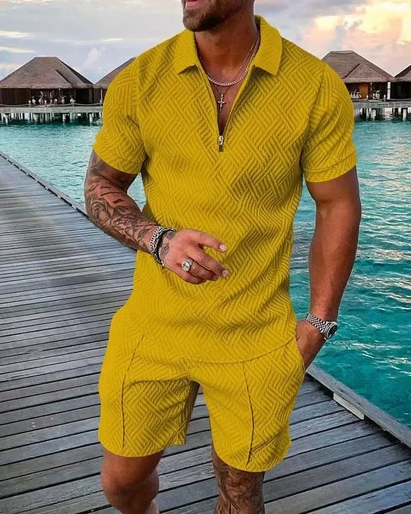 V-neck Zipper Short Sleeve POLO Shirt & Shorts