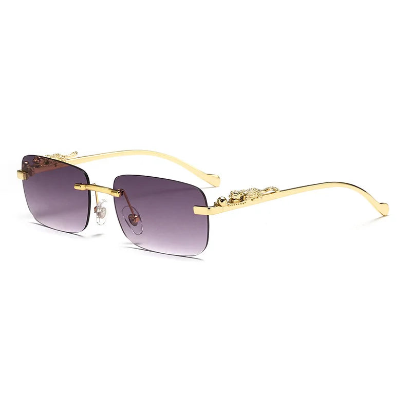Rimless Rectangle Vintage Metal Leopard Head Sunglasses