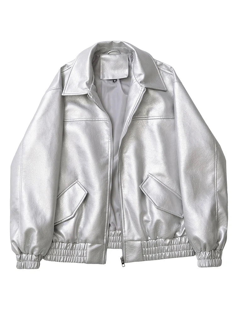Ailegogo Retro Loose Short Pu Faux Leather Jacket