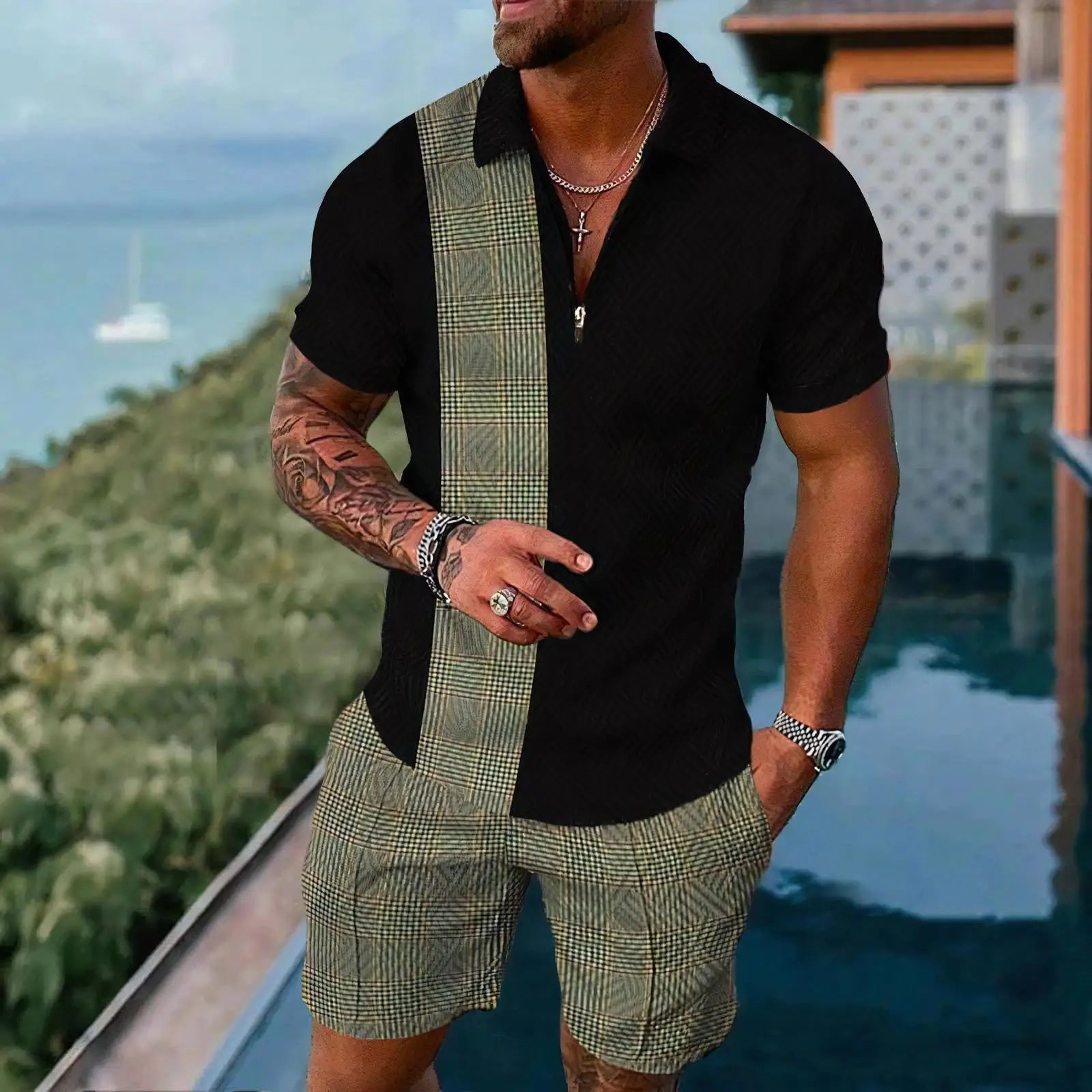 White Plaid Graphic Polo Shirt Sets Casual Zipper