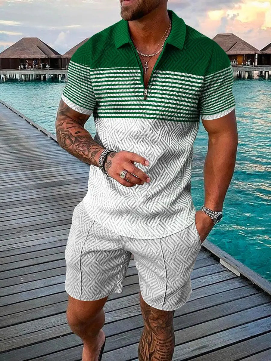 Trend Plaid Stripes Print Casual  Polo Shirt & Shorts