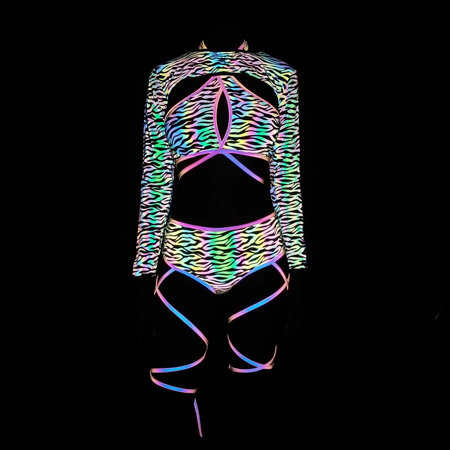 Harajuku Reflective Set Bandage Shorts+Bra+Crop