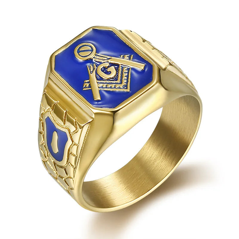 Titanium Steel 18k Gold-Plated Blue Glue Speech Men's Ring