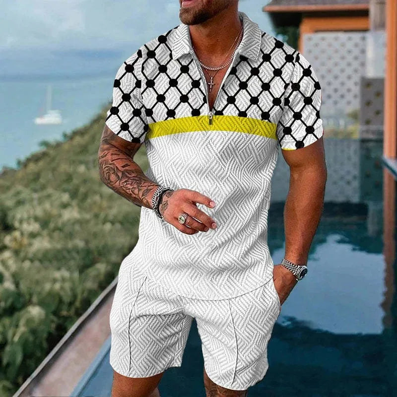 3D Printed Short Sleeve Zipper Polo Shirt Shorts