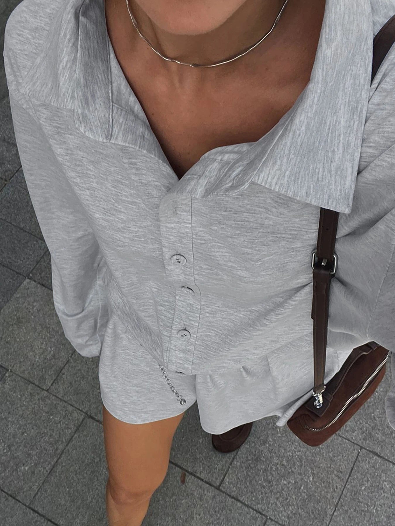Grey Loose Rompers Fashion Button Up Full Sleeve suit
