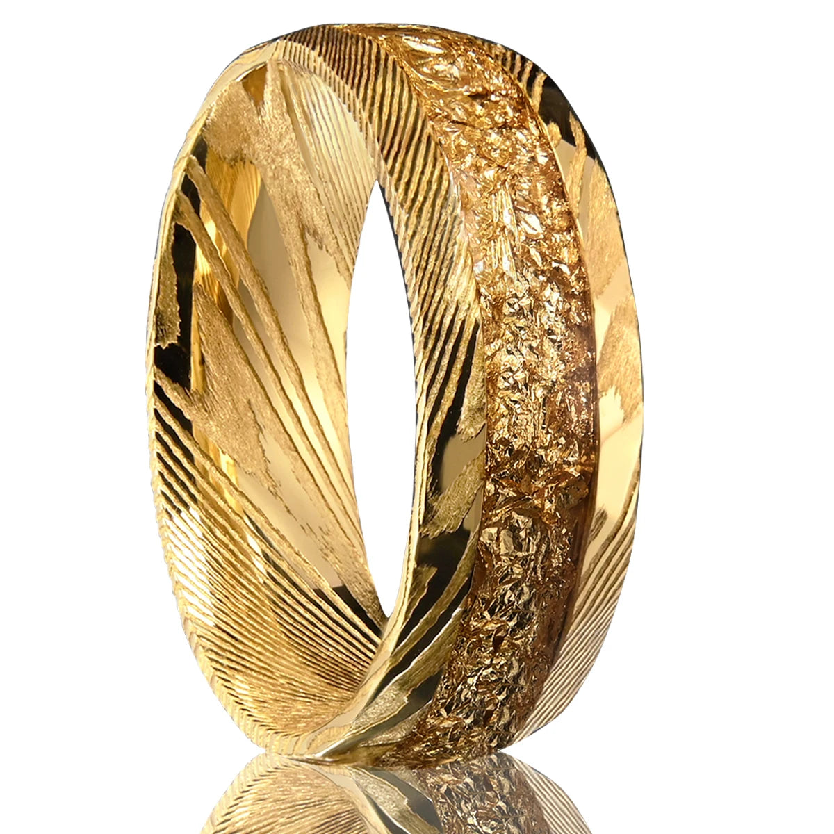 18K Gold Plated luxury Damascus steel inlaid with golden foil wedding ring
