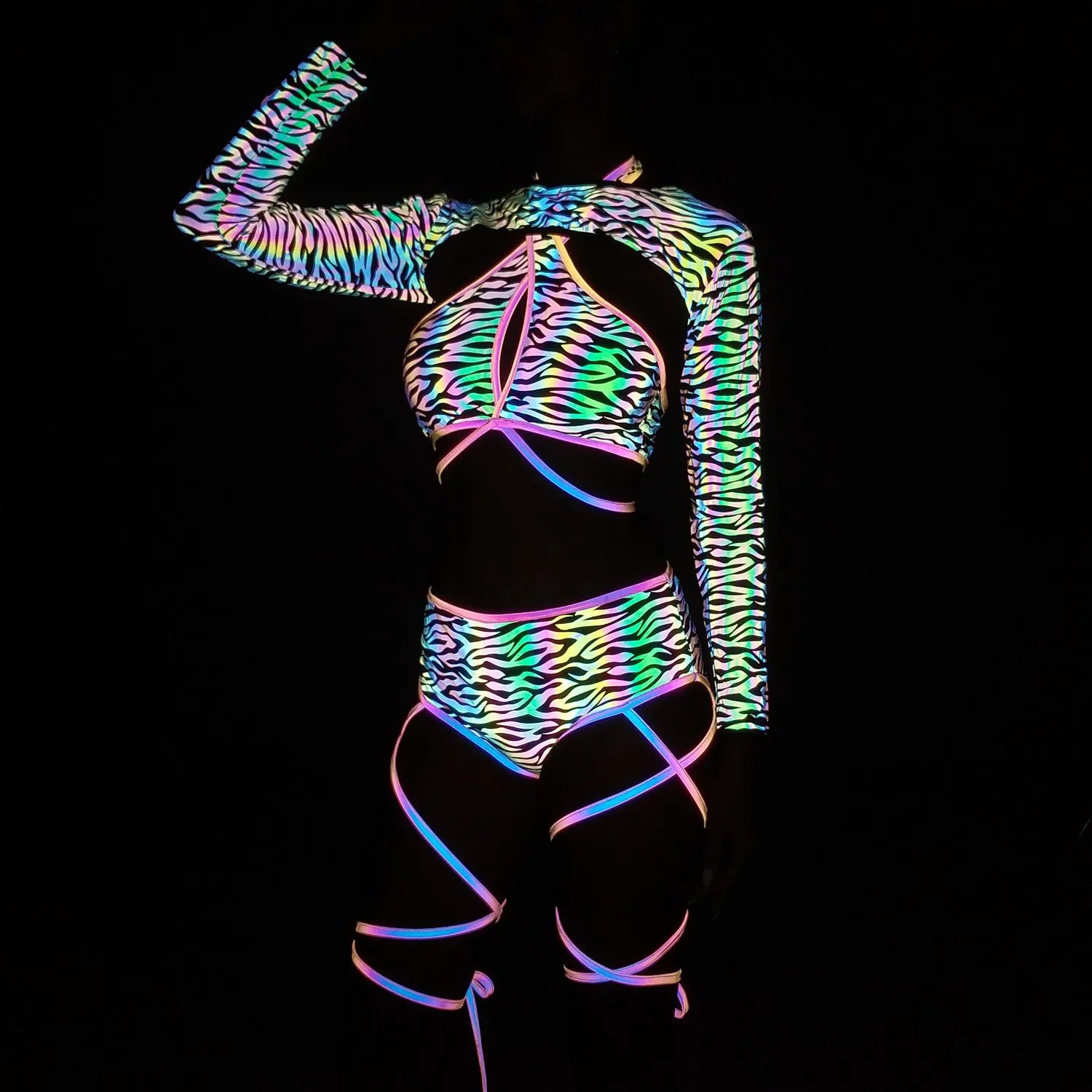 Harajuku Reflective Set Bandage Shorts+Bra+Crop