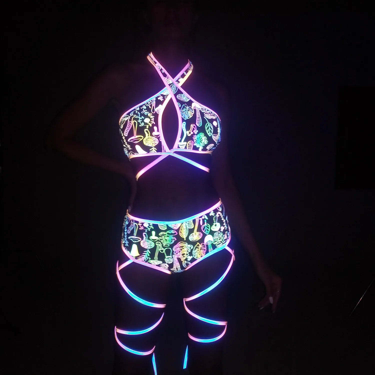 Harajuku Reflective Set Bandage Shorts+Bra+Crop