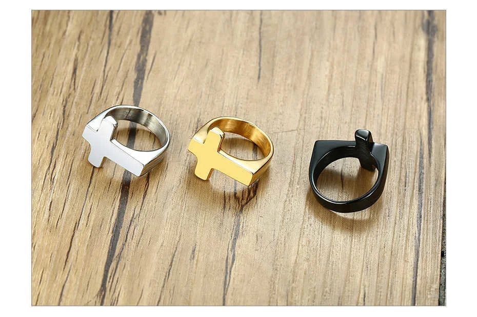 18k gold plated Cross & black/silver Flat Top Ring