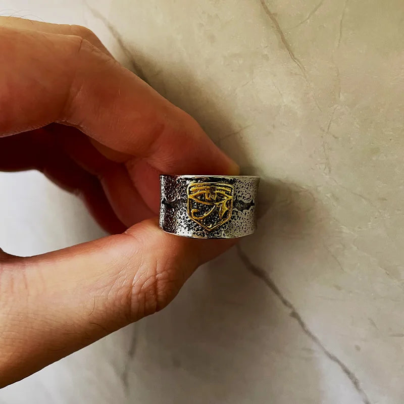 Retro Cracking Golden Horus Eye Wide Ring For Men Punk Gothic Adjustable Open Ring Handmade Designer Jewelry Unisex Accessories