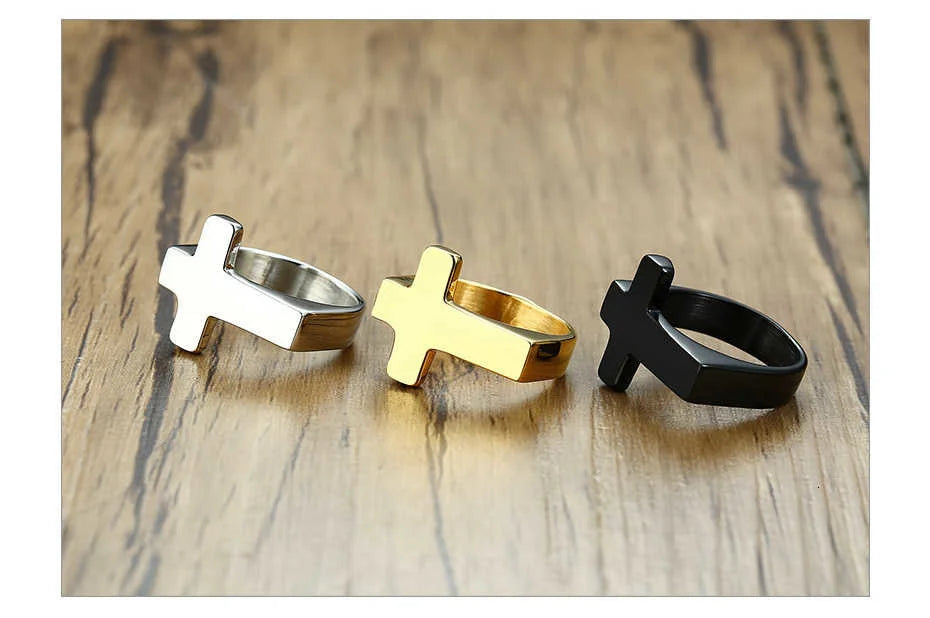 18k gold plated Cross & black/silver Flat Top Ring