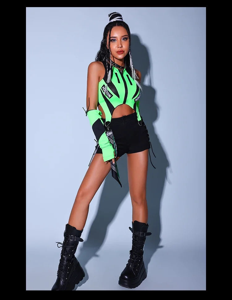 Fluorescent Green/yellow Tops Black Shorts Outfits