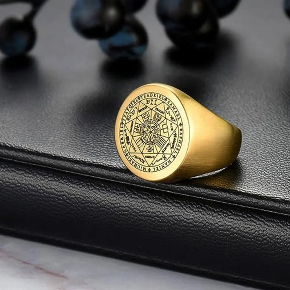 YILUOCD  18K Gold Plated+Stainless Steel Seal of The Seven Archangels Rings