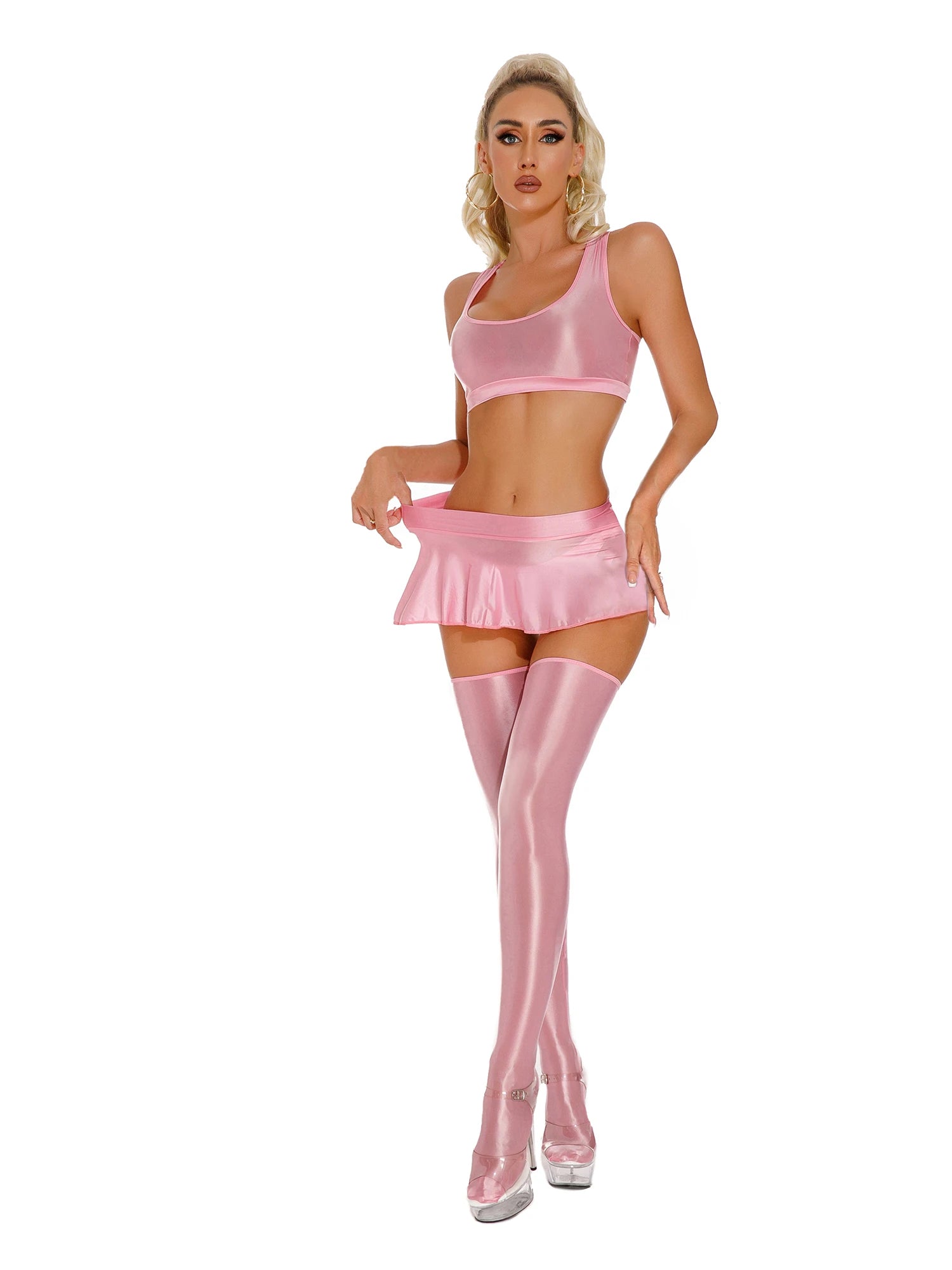 Glossy Rave Party Outfit Mini Skirt  & Crop Top