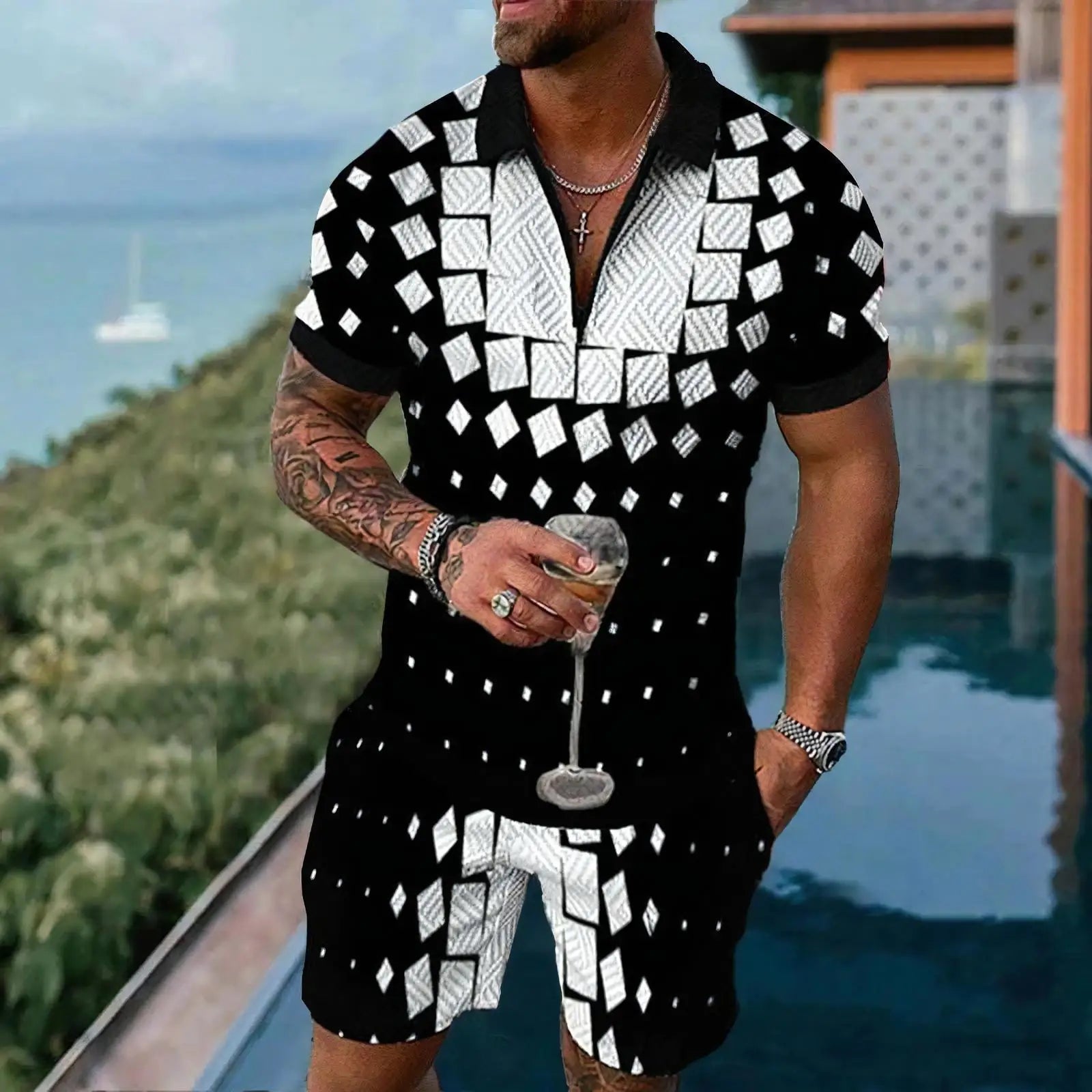 White Plaid Graphic Polo Shirt Sets Casual Zipper