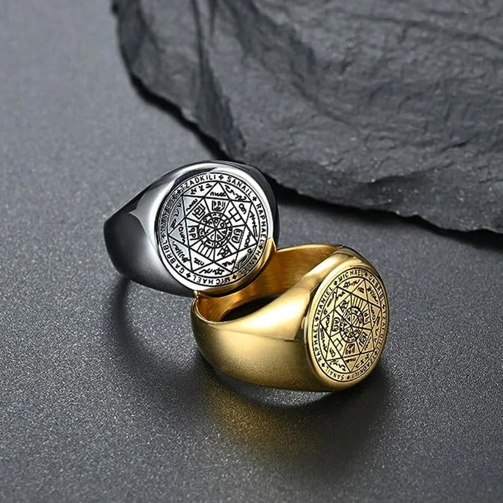 YILUOCD  18K Gold Plated+Stainless Steel Seal of The Seven Archangels Rings