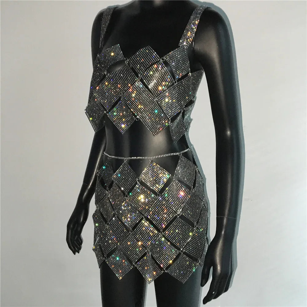 Shiny Crystal Rhinestone  Tank Tops Mini Skirt