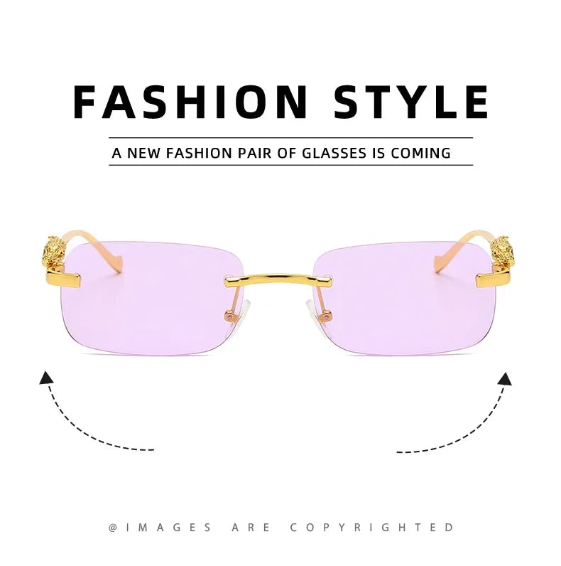 Rimless Rectangle Vintage Metal Leopard Head Sunglasses