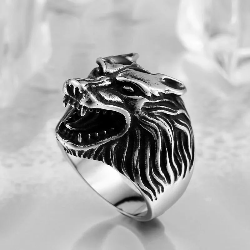 316L Stainless Steel Cast Domineering Ice Wolf Head rings