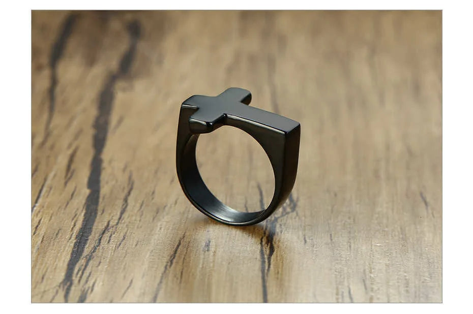 18k gold plated Cross & black/silver Flat Top Ring