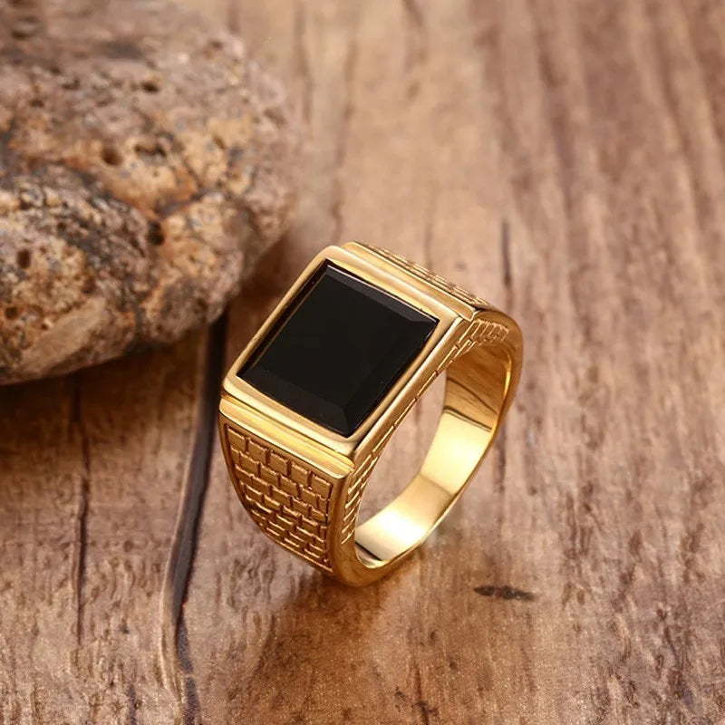 14k gold plating Black Stone Signet Ring,