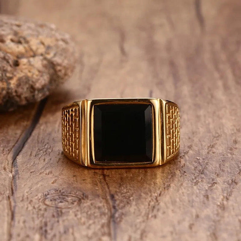 14k gold plating Black Stone Signet Ring,