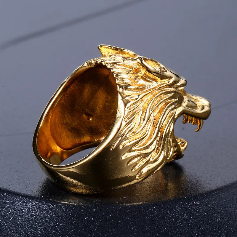 316L Stainless Steel Cast Domineering Ice Wolf Head rings