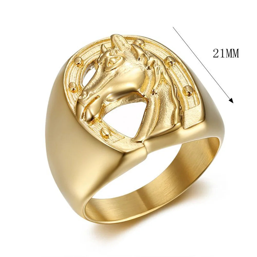 18k gold plating Punk Horseshoe Horse Head Ring