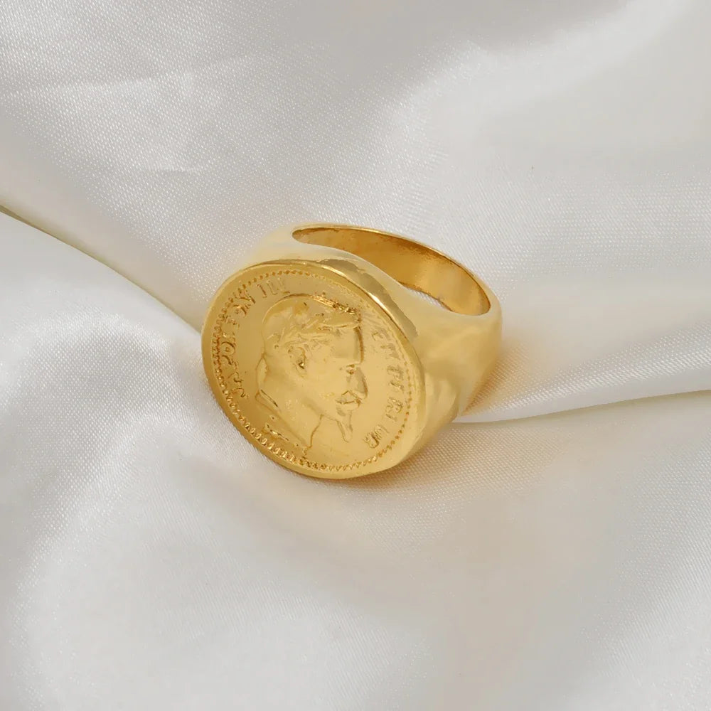 Anniyo Napoleon III Emperor Coin Ring Gold Plated