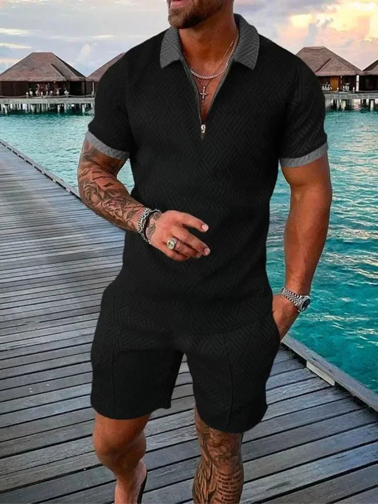 V-neck Zipper Short Sleeve POLO Shirt & Shorts