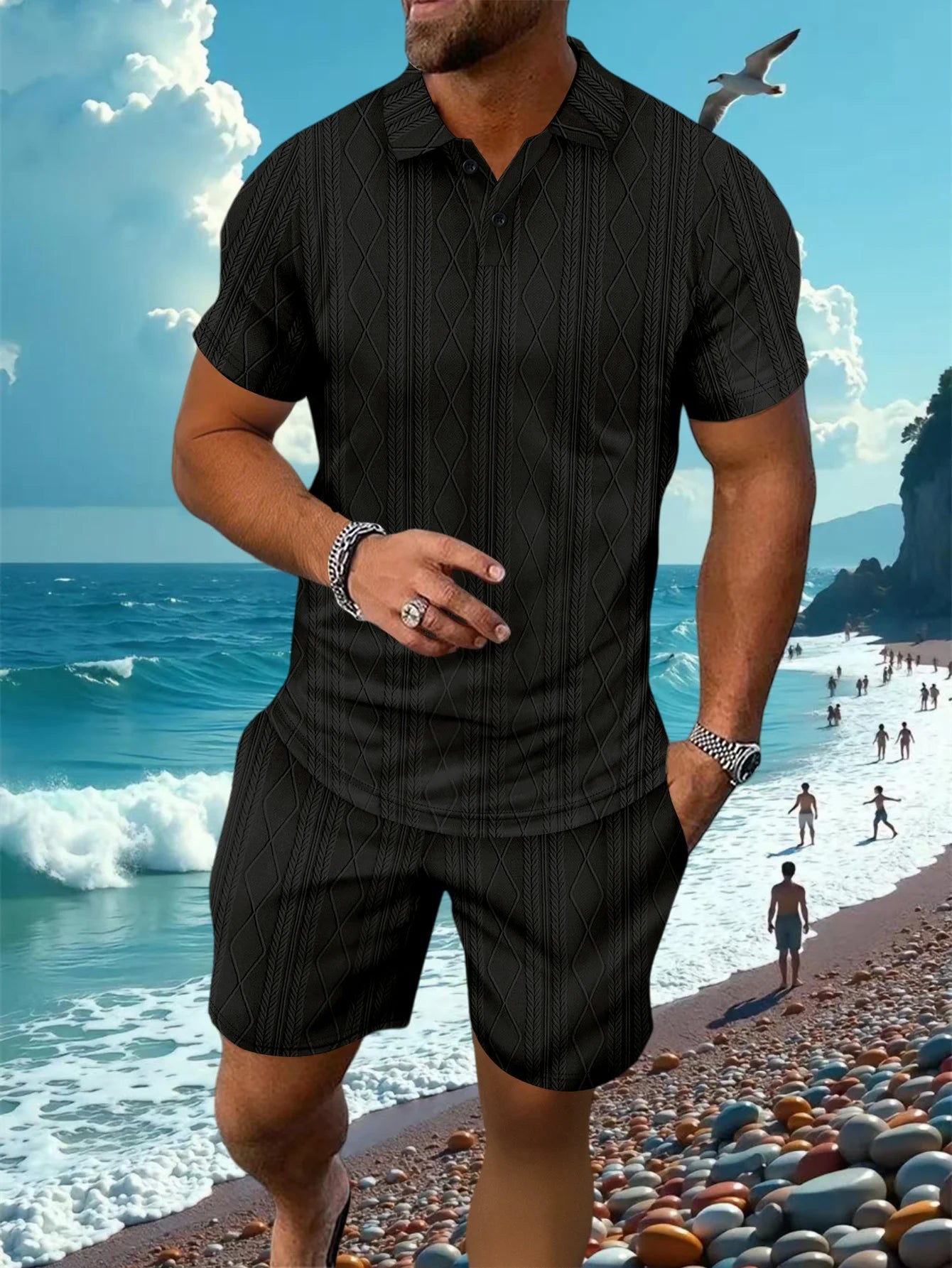 lapel short-sleeved POLO shirt & shorts