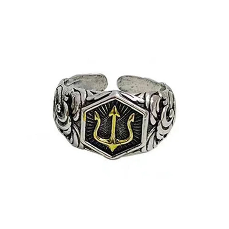 Retro Poseidon Golden Trident Ring For Men