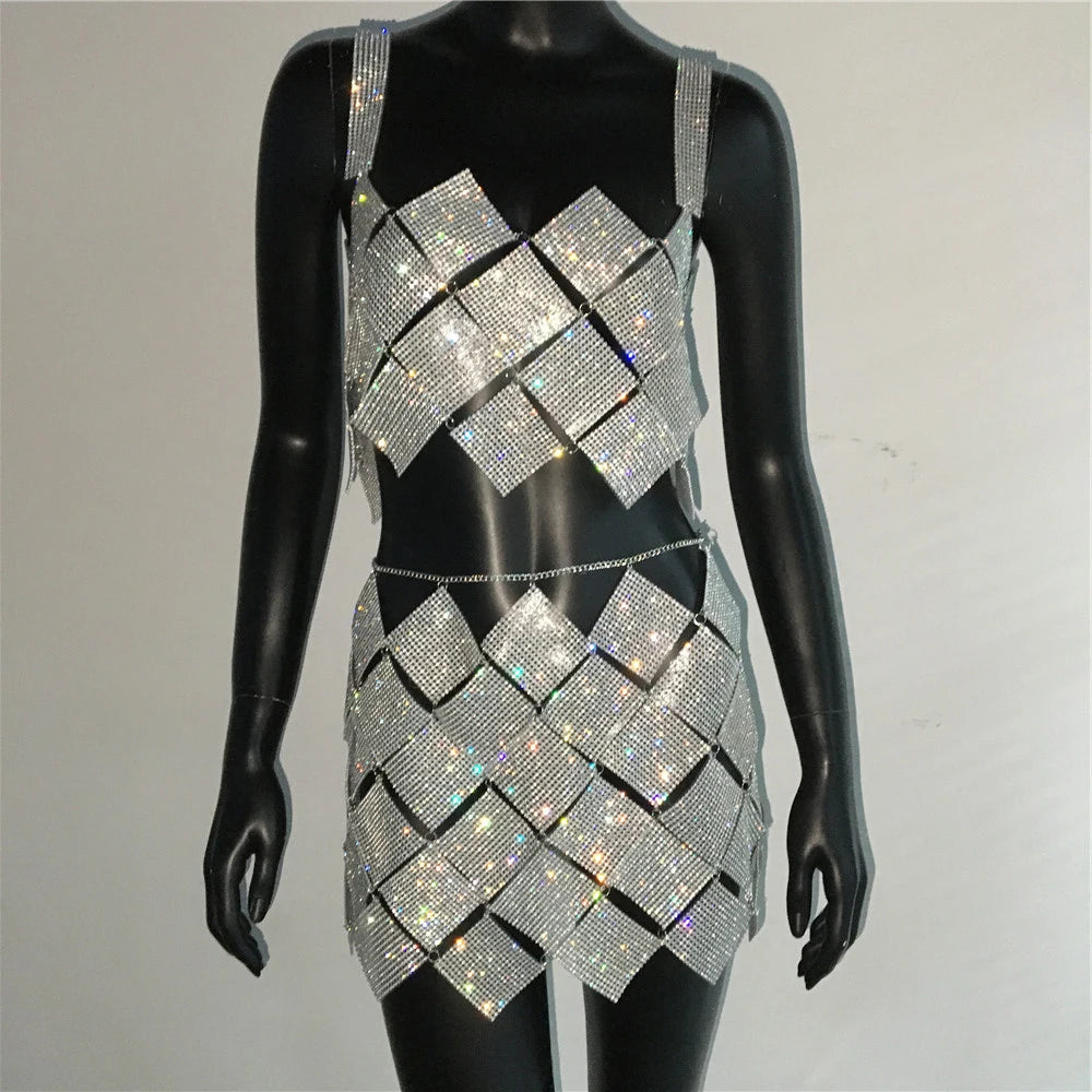 Shiny Crystal Rhinestone  Tank Tops Mini Skirt