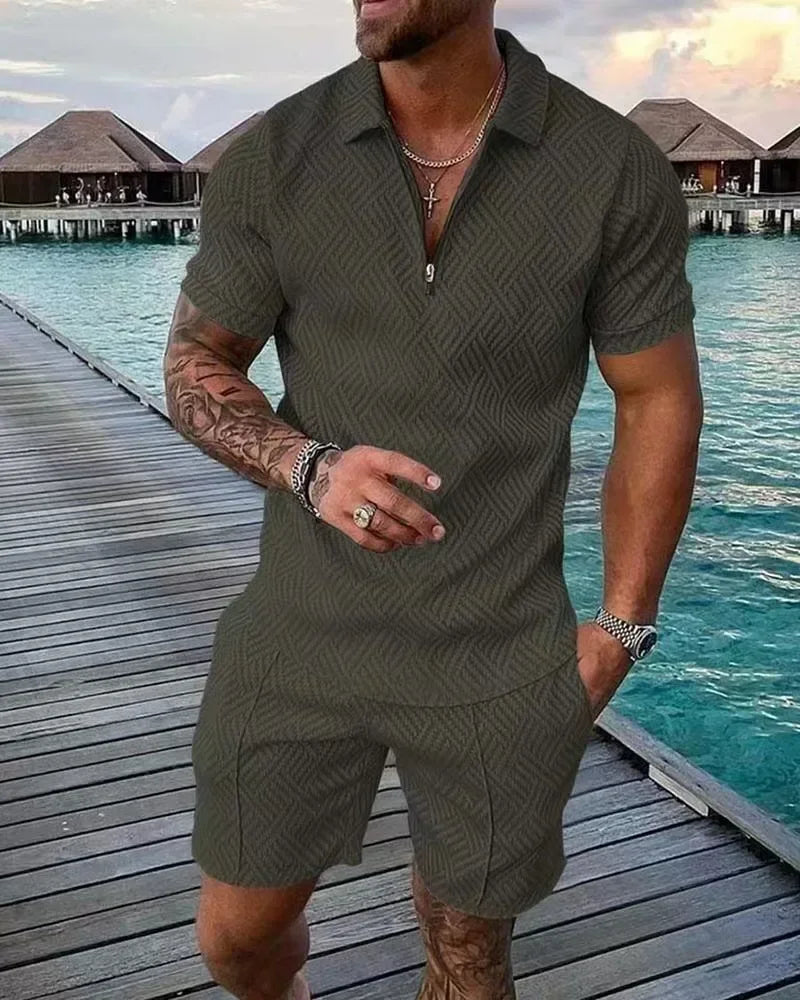 V-neck Zipper Short Sleeve POLO Shirt & Shorts