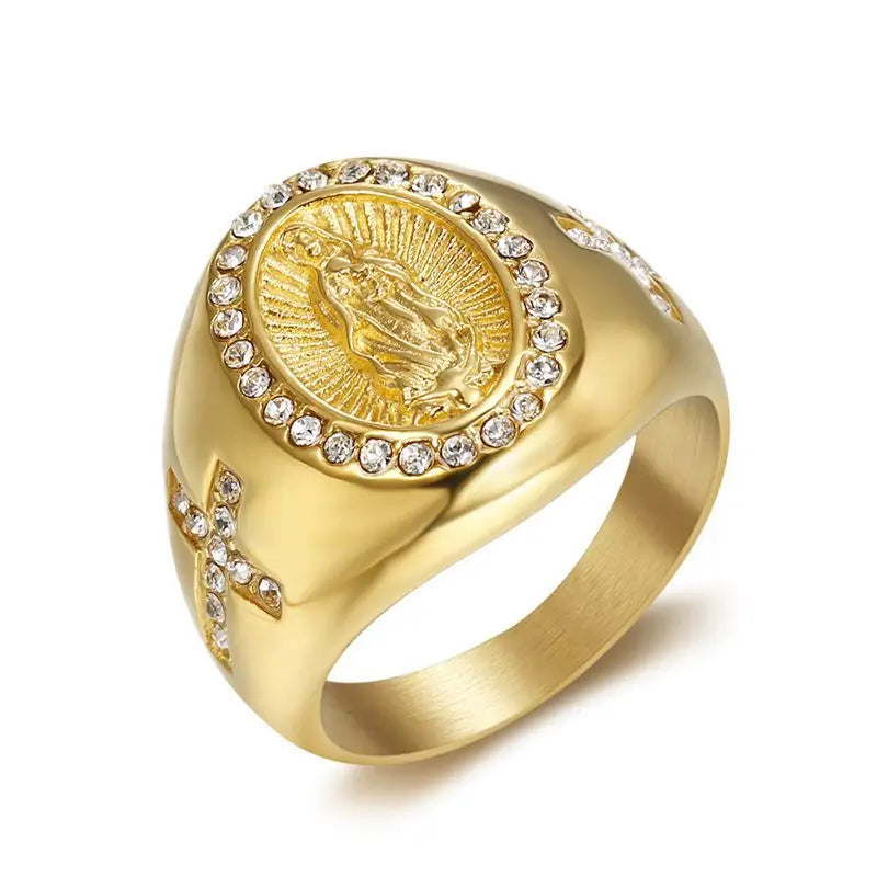 Men's Gold Plated color Cubic Zirconia Virgin Mary Religious Ring