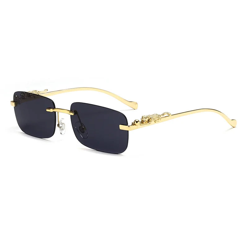 Rimless Rectangle Vintage Metal Leopard Head Sunglasses