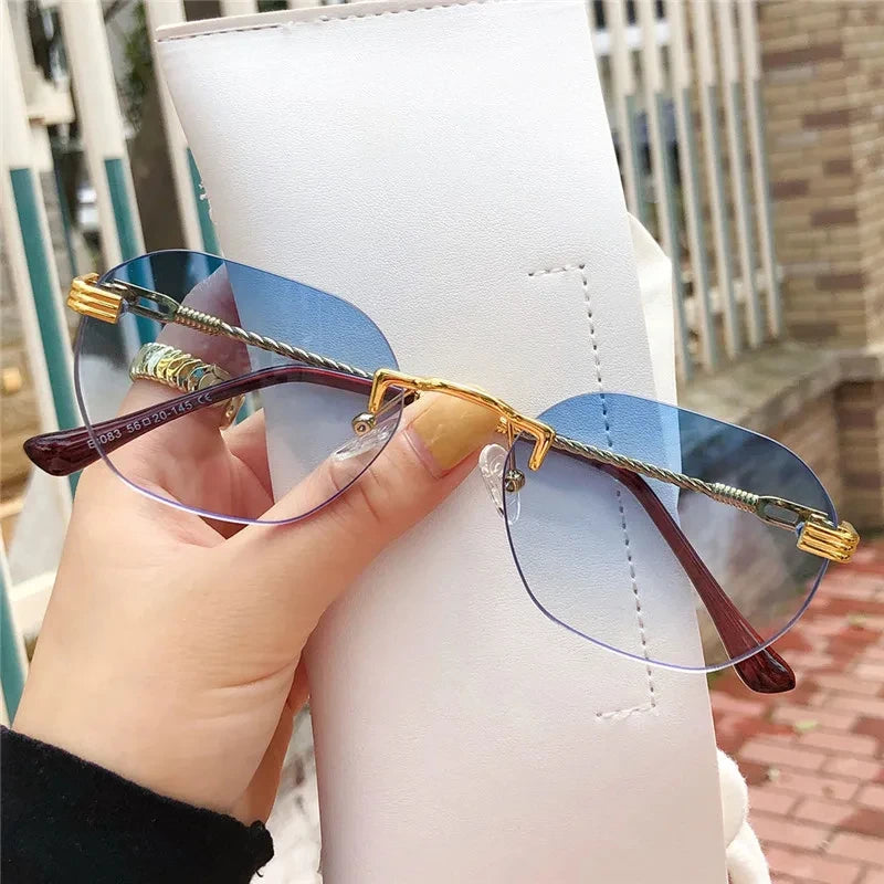 Rimless Rectangle Vintage Metal Leopard Head Sunglasses