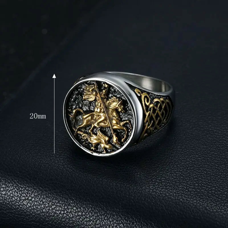 Gold-Plated Saint George Dragon Slaying Knight  Ring